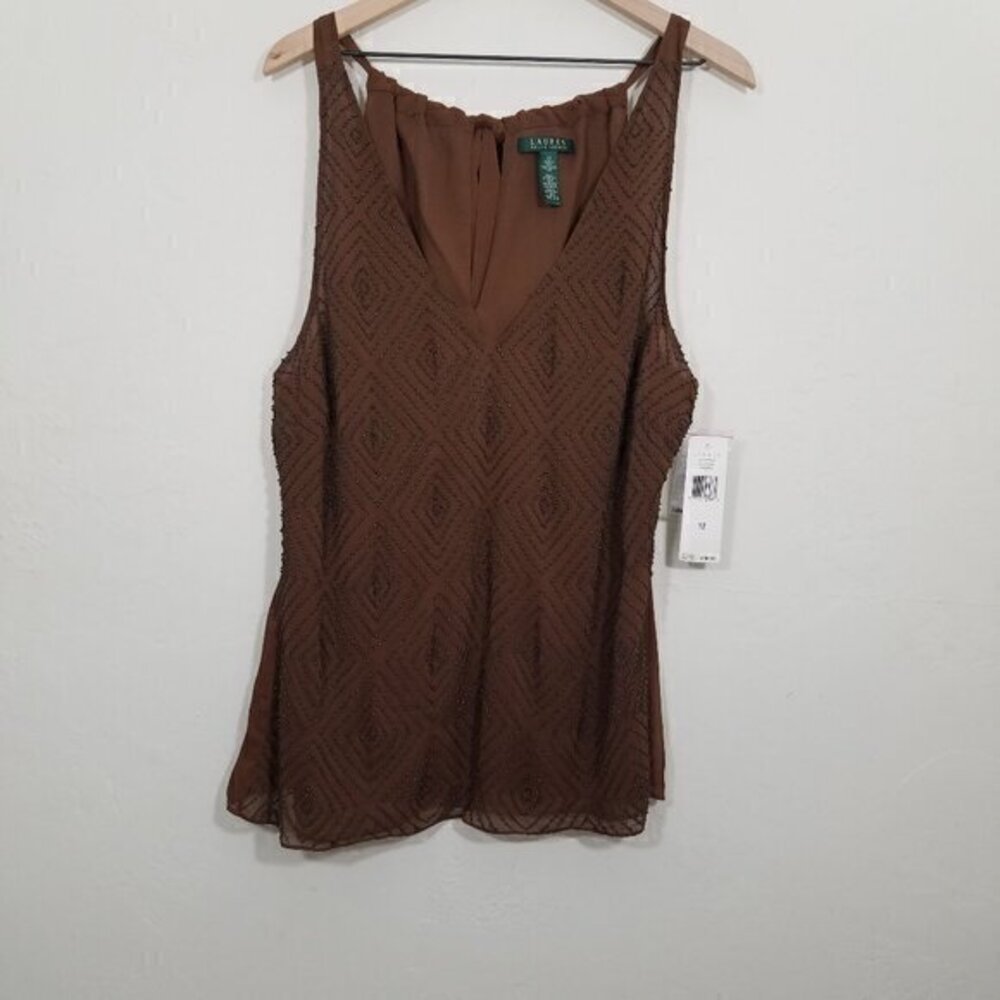 NWT Lauren Ralph Lauren V-Neck Brown Top Blouse Size 12